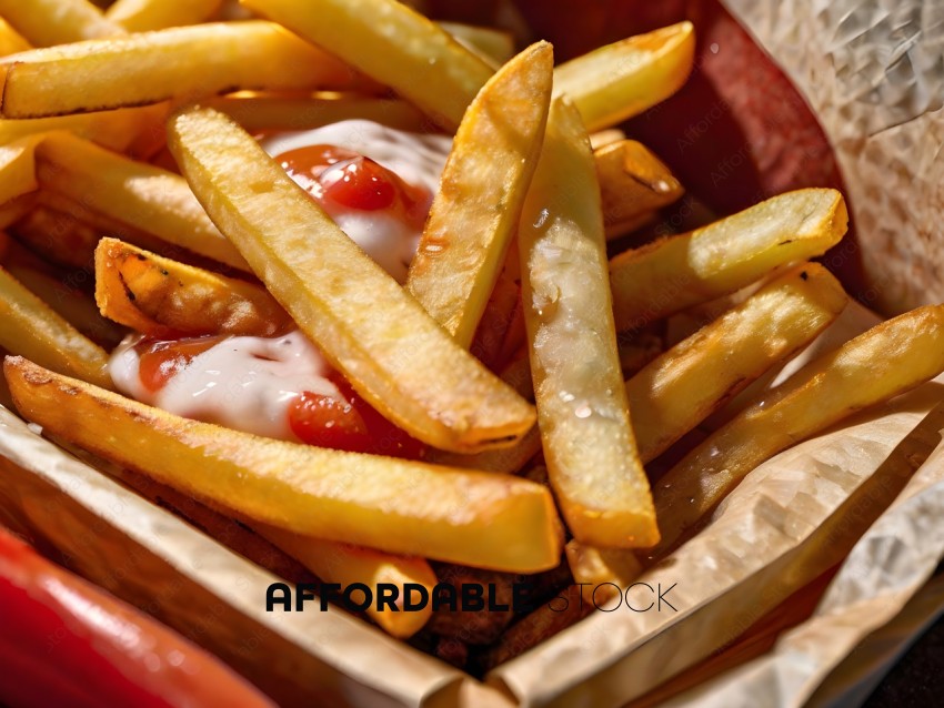 A basket of french fries with ketchup