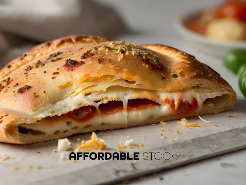 A delicious looking calzone with cheese and tomato filling