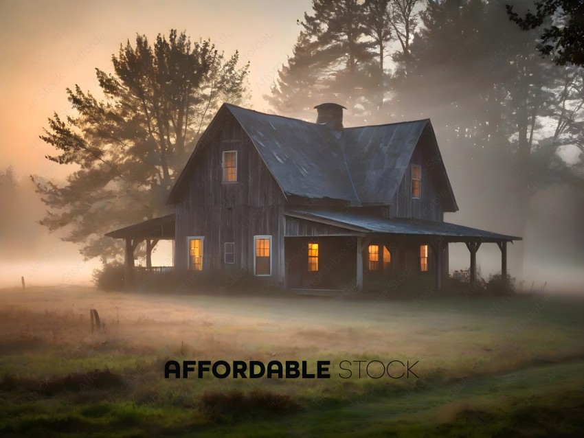 A large wooden house with a mossy roof in a foggy field