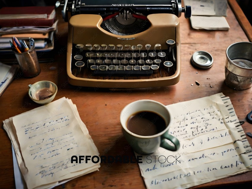 A vintage typewriter sits on a wooden desk with a cup of coffee