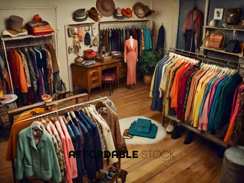A clothing store with a variety of clothing and accessories