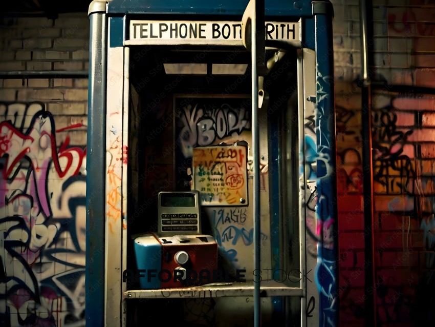 A phone booth with graffiti on it