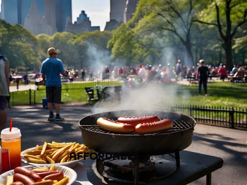 A hot dog cooking on a grill with french fries