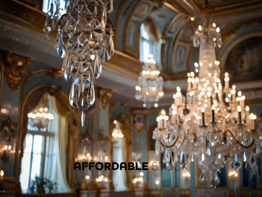 A chandelier with crystal drops hanging from the ceiling