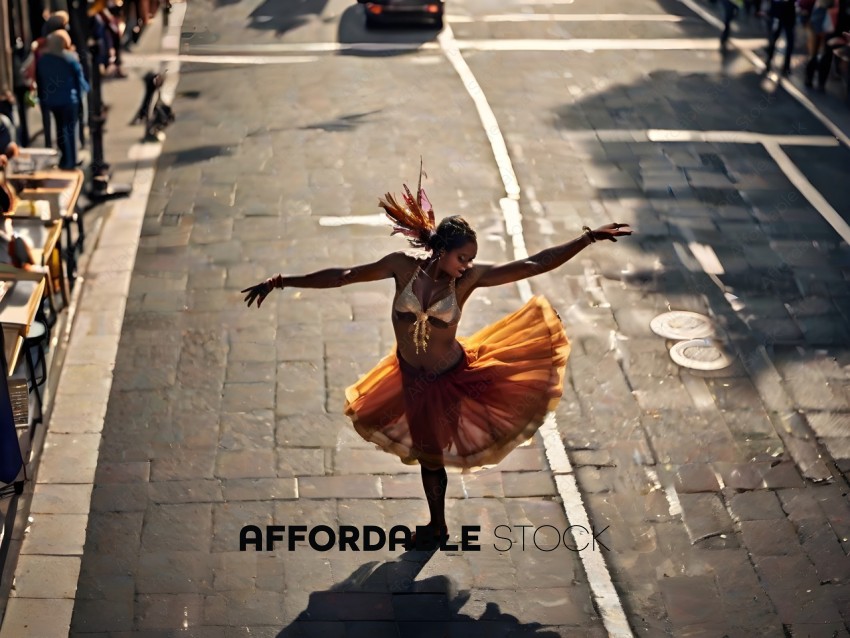 A woman in a yellow dress and feathered headband dances in the street