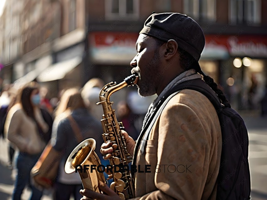A man playing a saxophone on a busy street