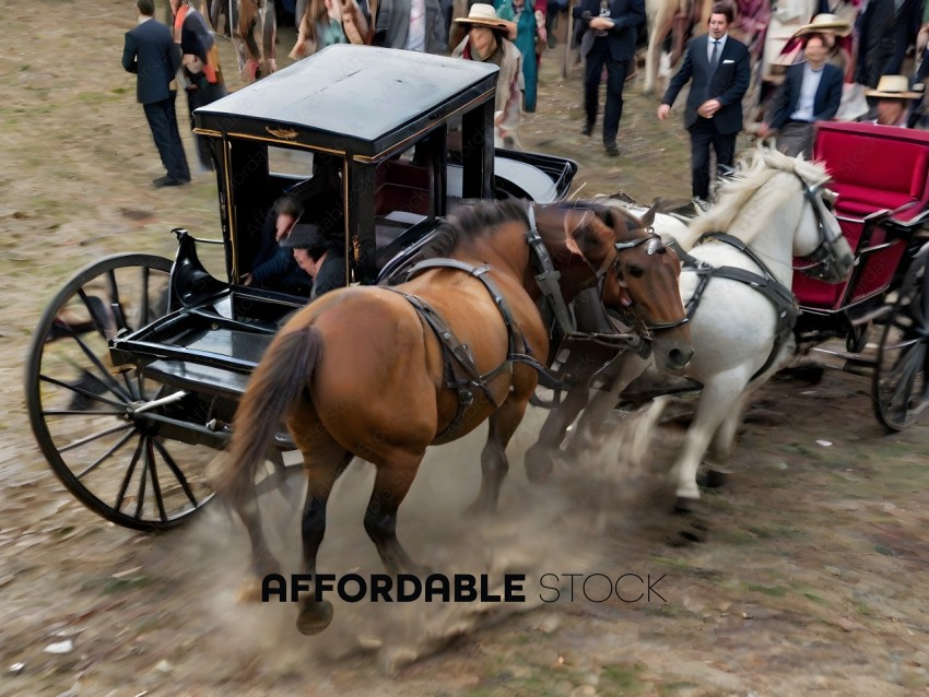 A horse pulling a carriage with people in it