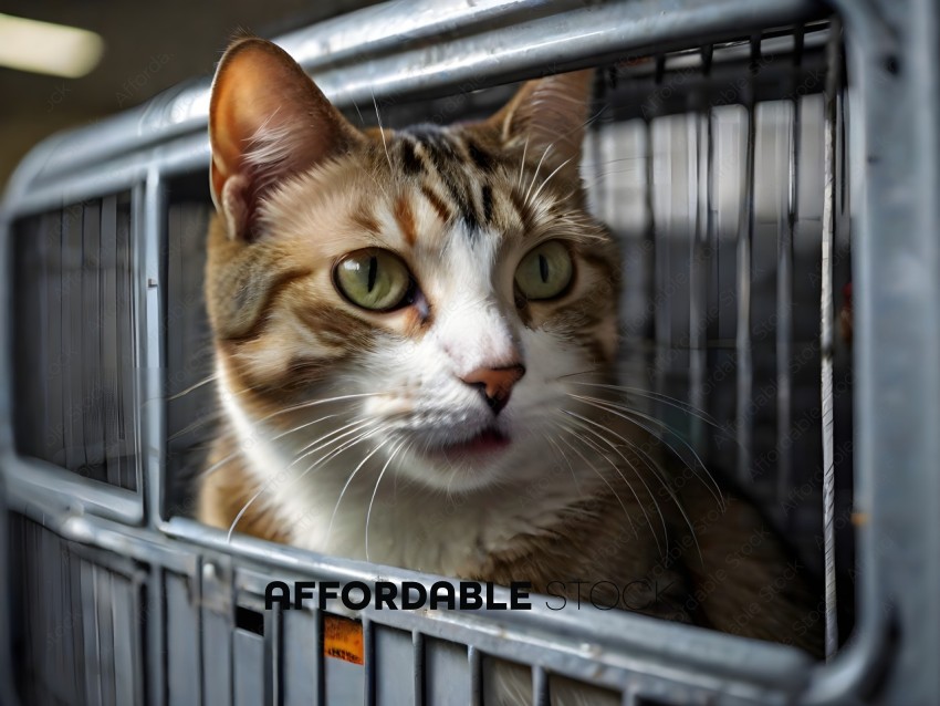 A cat in a cage with a tag on its ear