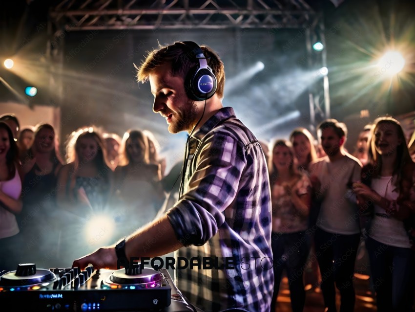 Man wearing headphones and plaid shirt DJing at a party