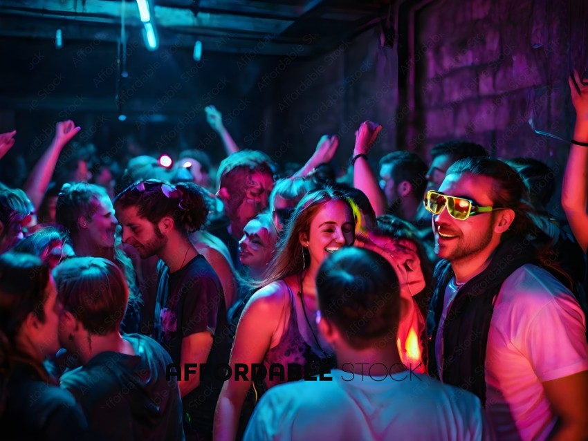 A group of people wearing sunglasses and dancing in a dark room