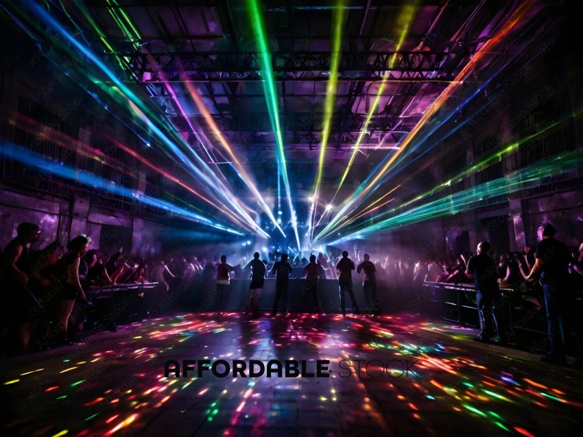 A group of people are standing in a room with a rainbow of lights