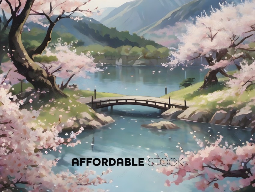 A beautiful painting of a river with cherry blossoms