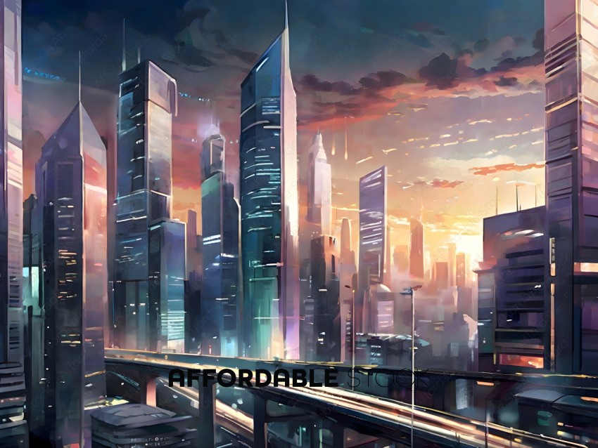 Futuristic Cityscape with Skyline and Train
