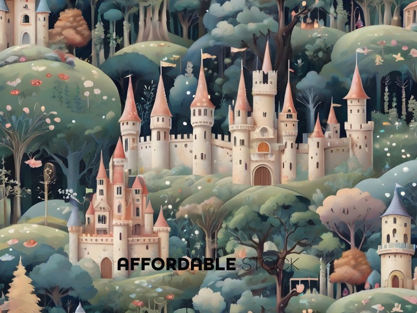 A castle surrounded by trees and a forest