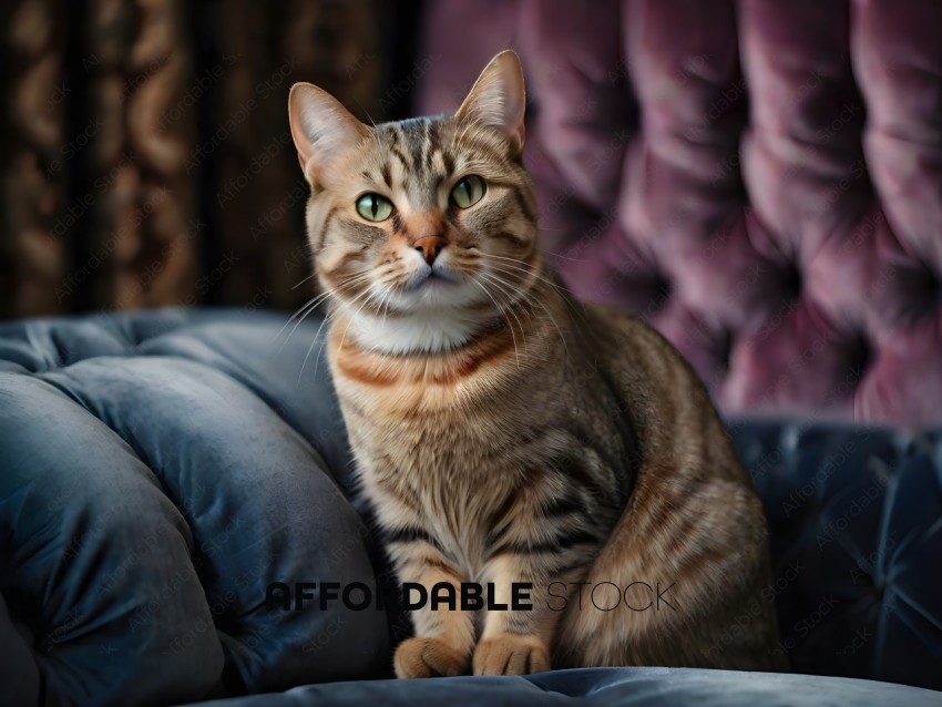 A brown and white cat sitting on a couch