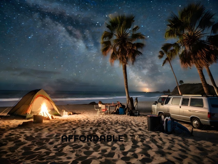 A group of people camping on the beach at night