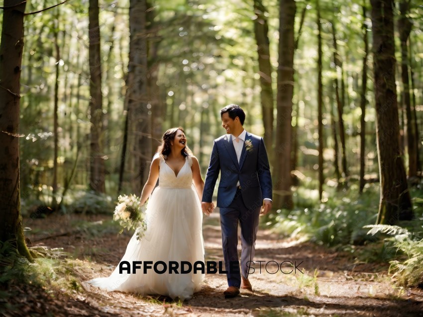 A Bride and Groom Walking in the Woods