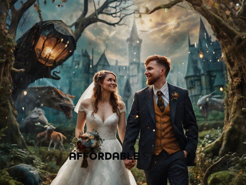 A Bride and Groom Walking Through a Fantasy Forest