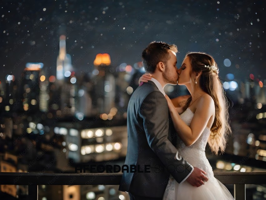 Bride and groom kissing at night with city lights in the background