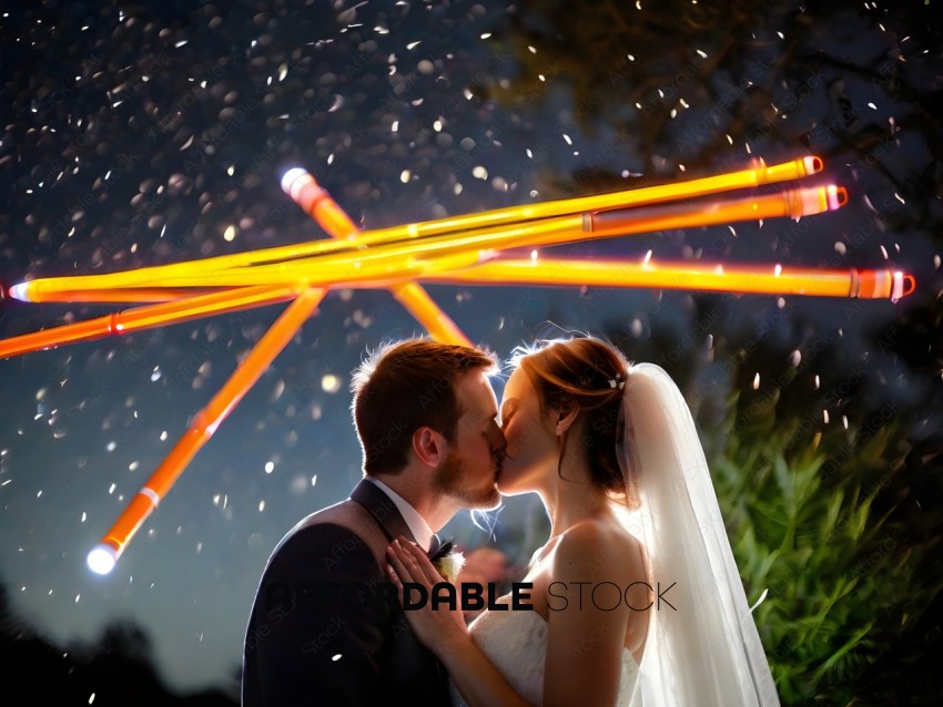 Bride and groom kissing under a yellow lighted arch