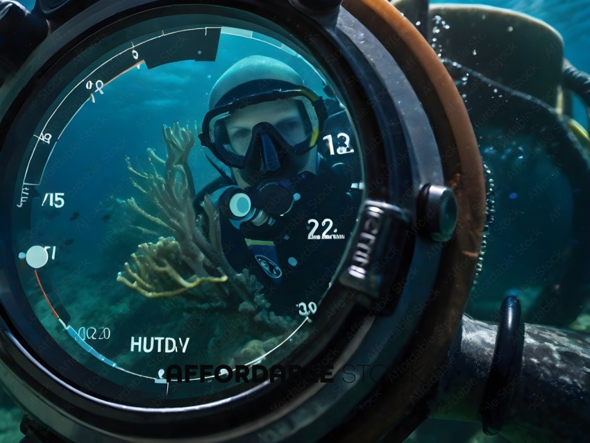 Diver's Face Reflected in Diving Goggles