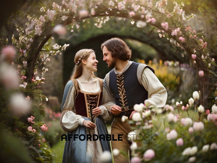 A couple in period costume standing in a garden