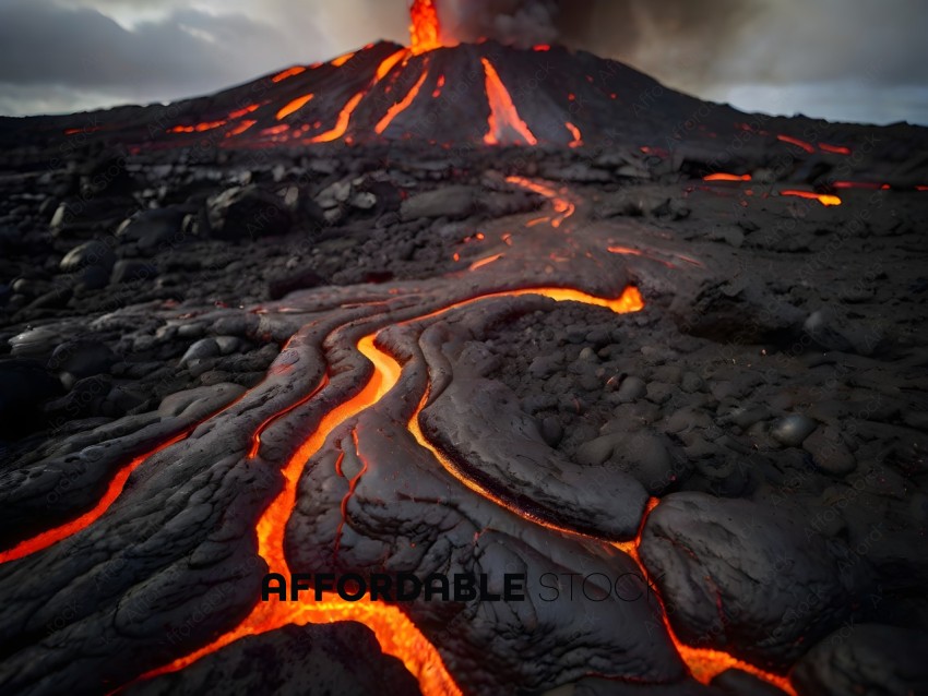 A volcano with a river of lava flowing down its side