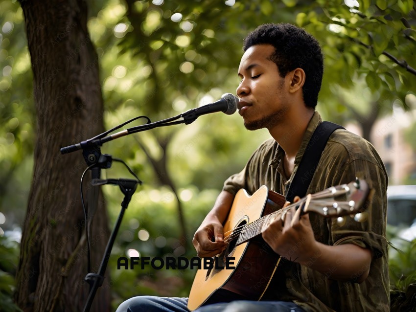 Man playing guitar and singing in the woods