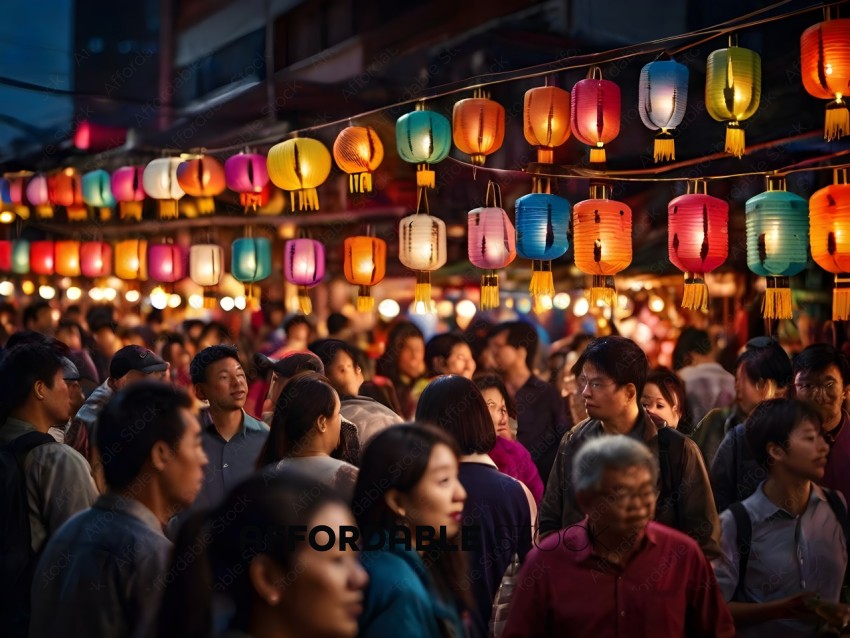 Crowd of people in a marketplace with colorful lanterns