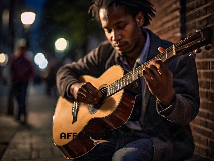 Man playing guitar on sidewalk at night
