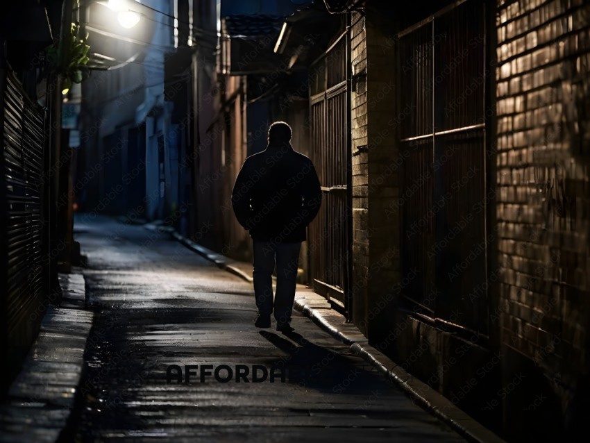 Man walking down a dark alley at night