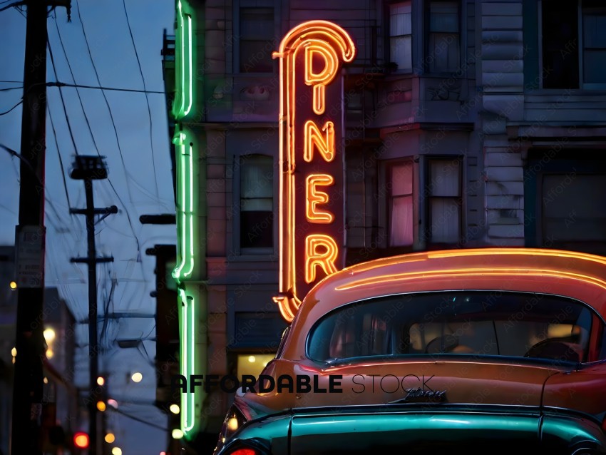 A vintage car with a neon sign in the background