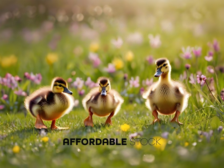 Three baby ducks standing in a field of flowers