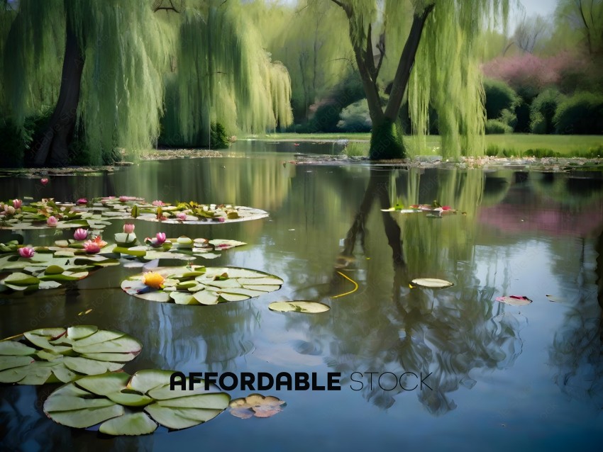 A serene pond with lily pads and a reflection of a tree