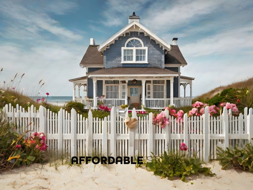 A white picket fence in front of a blue house