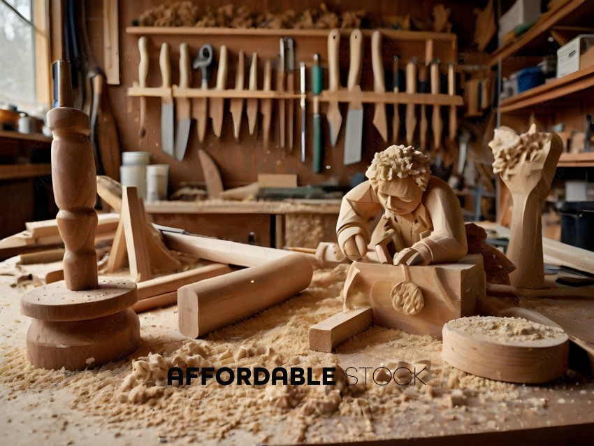 Wood carving workshop with various tools and statues