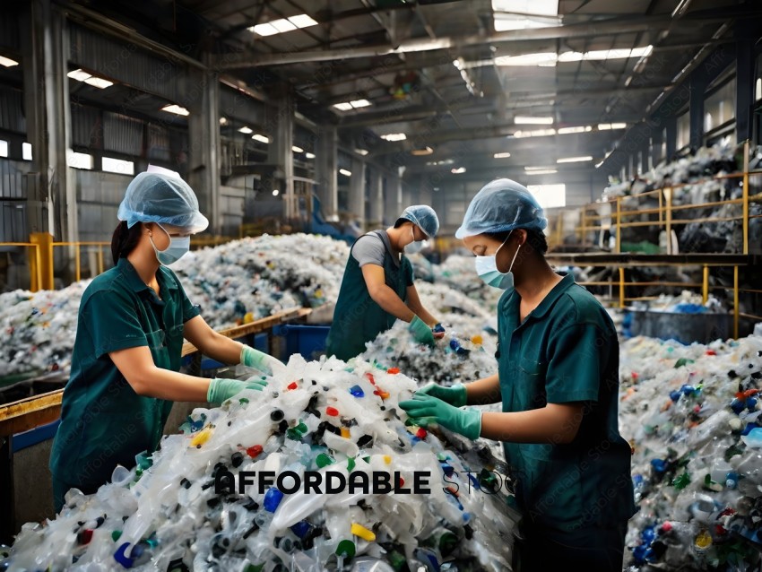Three workers sort plastic bottles