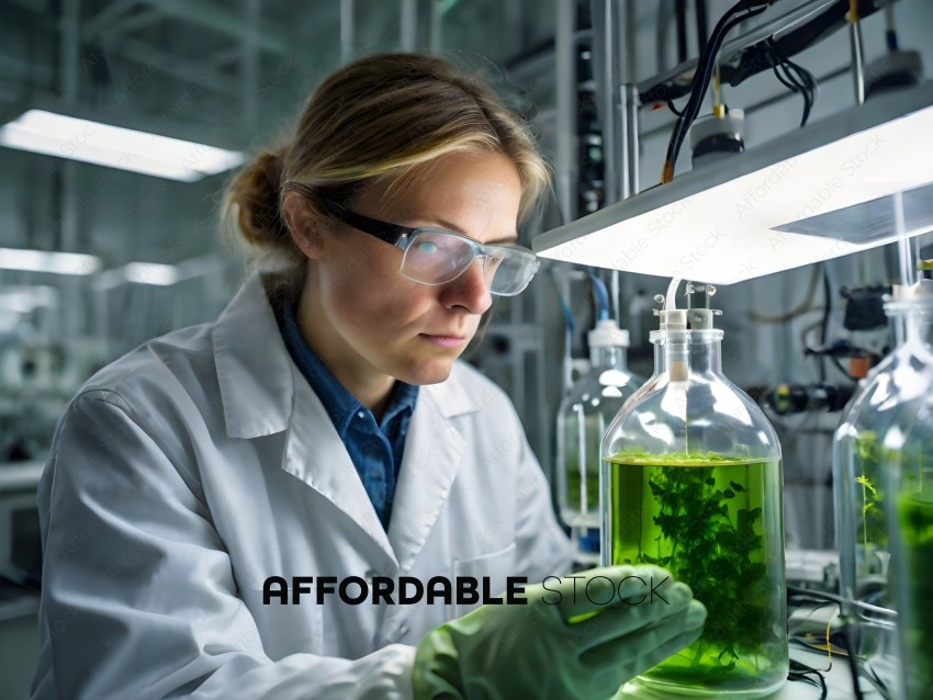 A scientist examines a sample of green liquid