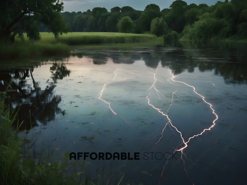 A lightning bolt streaks across the sky over a lake