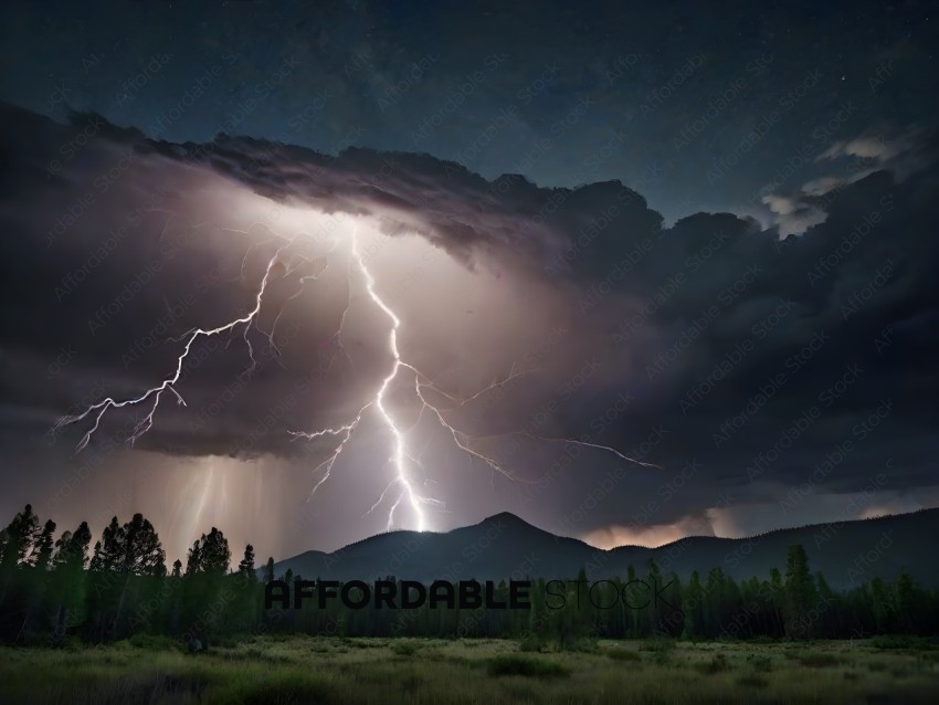 A lightning bolt streaks through the sky over a mountain range