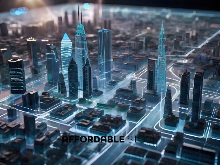 A futuristic cityscape with a skyline of tall buildings
