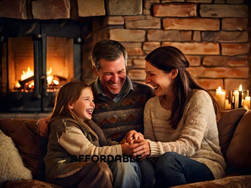 A family of three sitting together in front of a fireplace