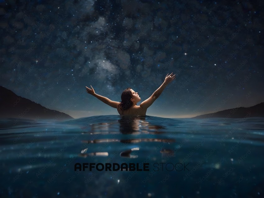 A woman in a pool under a starry sky