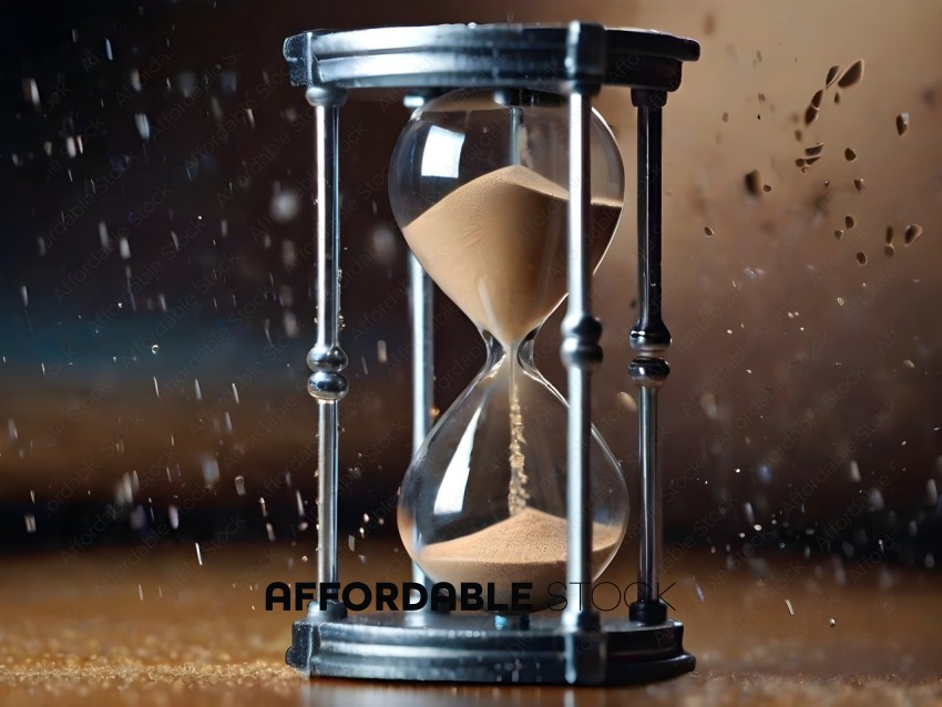 A glass hourglass with sand falling out