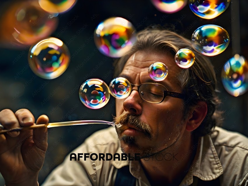 Man blowing bubbles with a bubble wand