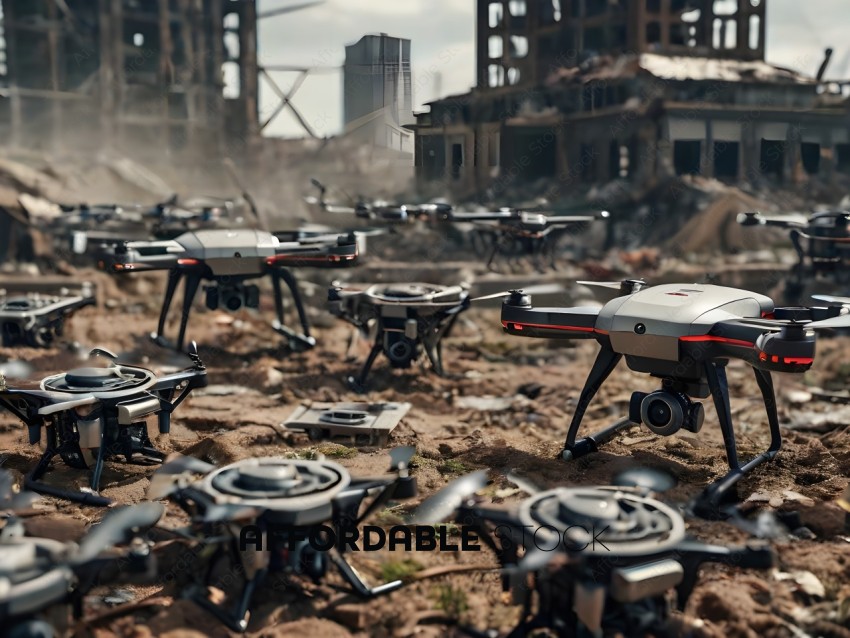 Drones in a destroyed city