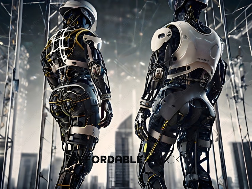 Two robots standing in front of a city skyline