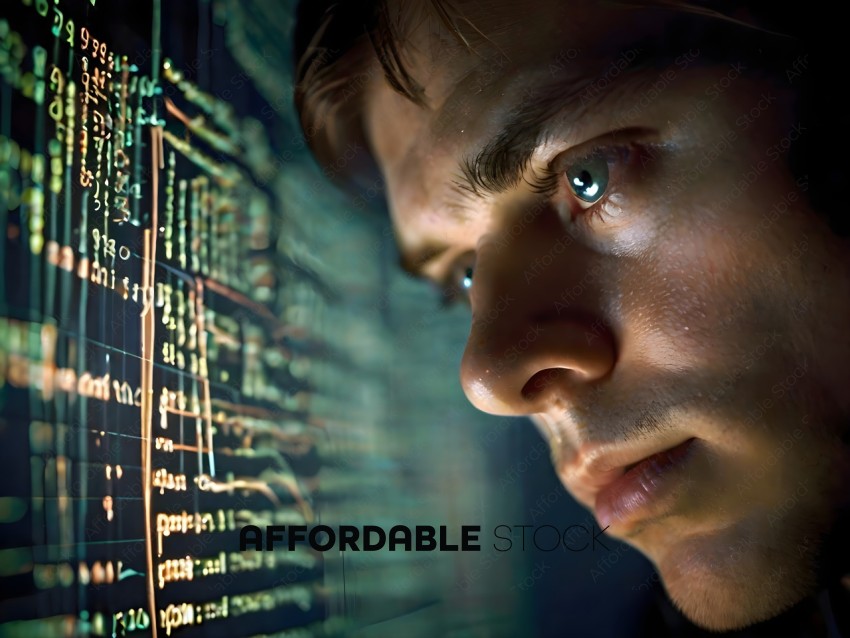 A man looking at a computer screen with a green background