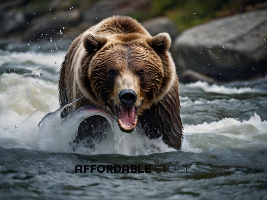 Brown Bear Catching Fish in River