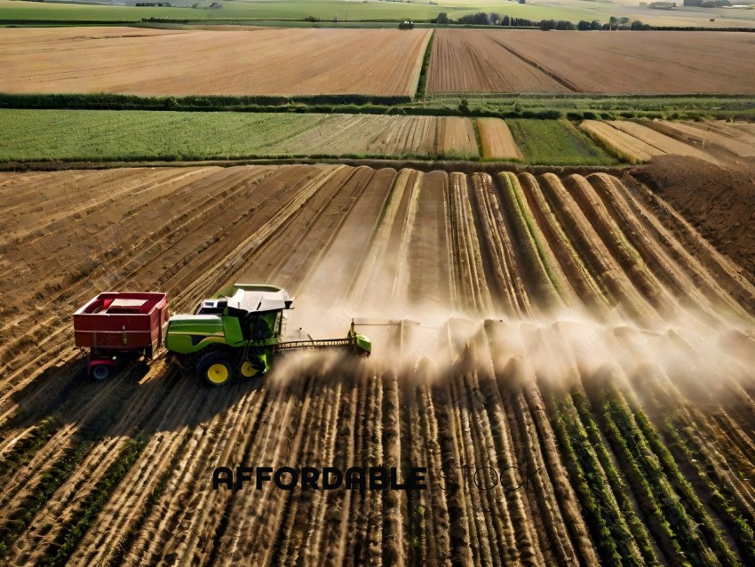 A large green tractor is pulling a trailer through a field